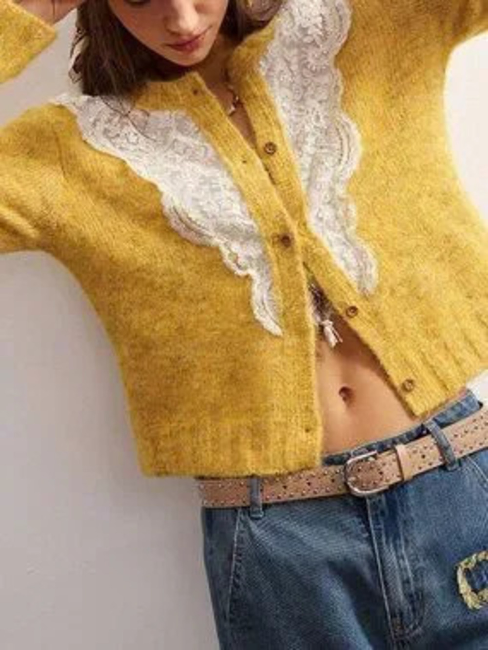 Yellow Casual Women's Lace Patchwork Knit Cardigan with Round Neck